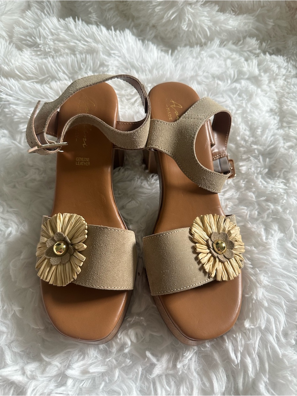 Women's Beige Suede Sandals with Gold Floral Detail